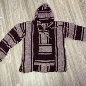 Mens Artesians Mexican Baja Hoodie Drug Rug Burgundy White Large Pocket Front
